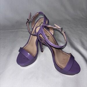 Qupid Purple Patent Platform Stiletto Sandals Floral Sole Ankle Strap Heels